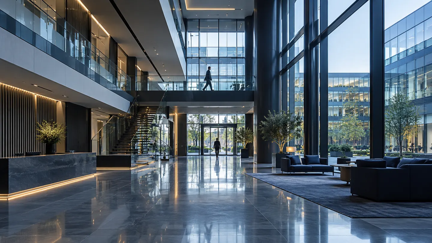 Hall vitré et circulations d’un bâtiment professionnel